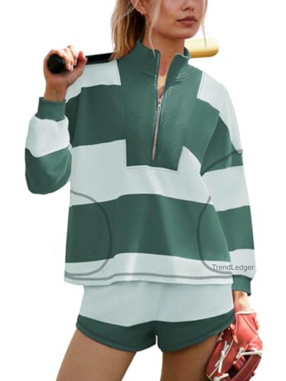 Women's Striped Workout Set 2 Piece Zip Up Top & Shorts with Pockets